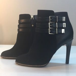 Sam & Libby Black Faux Suede Booties Gold Accent